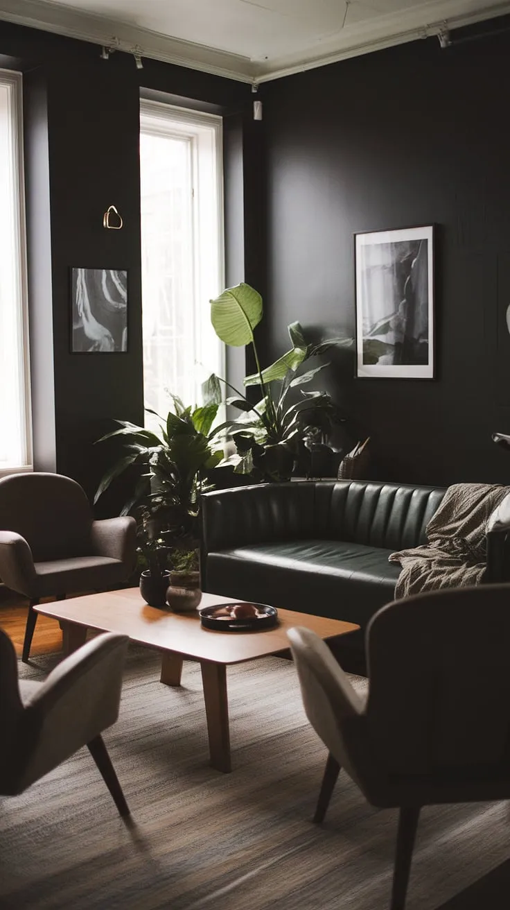 This dark and moody lounge room features a dark green couch, wooden coffee table, and potted plants, embodying a cozy minimalist aesthetic ideal for dark style living rooms.