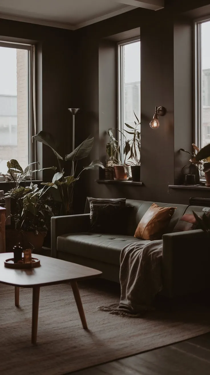 This moody neutral living room showcases a cozy minimalist interior design with dark walls, a dark green couch, and modern boho decor, creating a dark and moody lounge vibe.