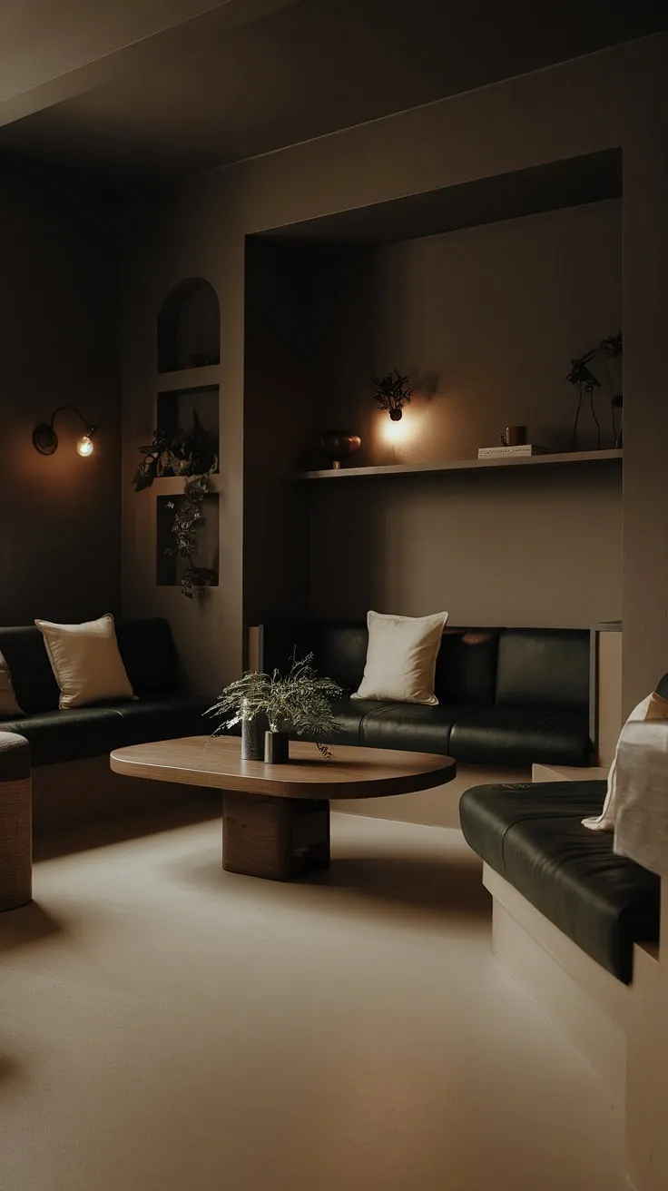 This dark and moody lounge room combines natural elements and minimalist aesthetics, creating a cozy atmosphere with dark green accents and warm lighting.