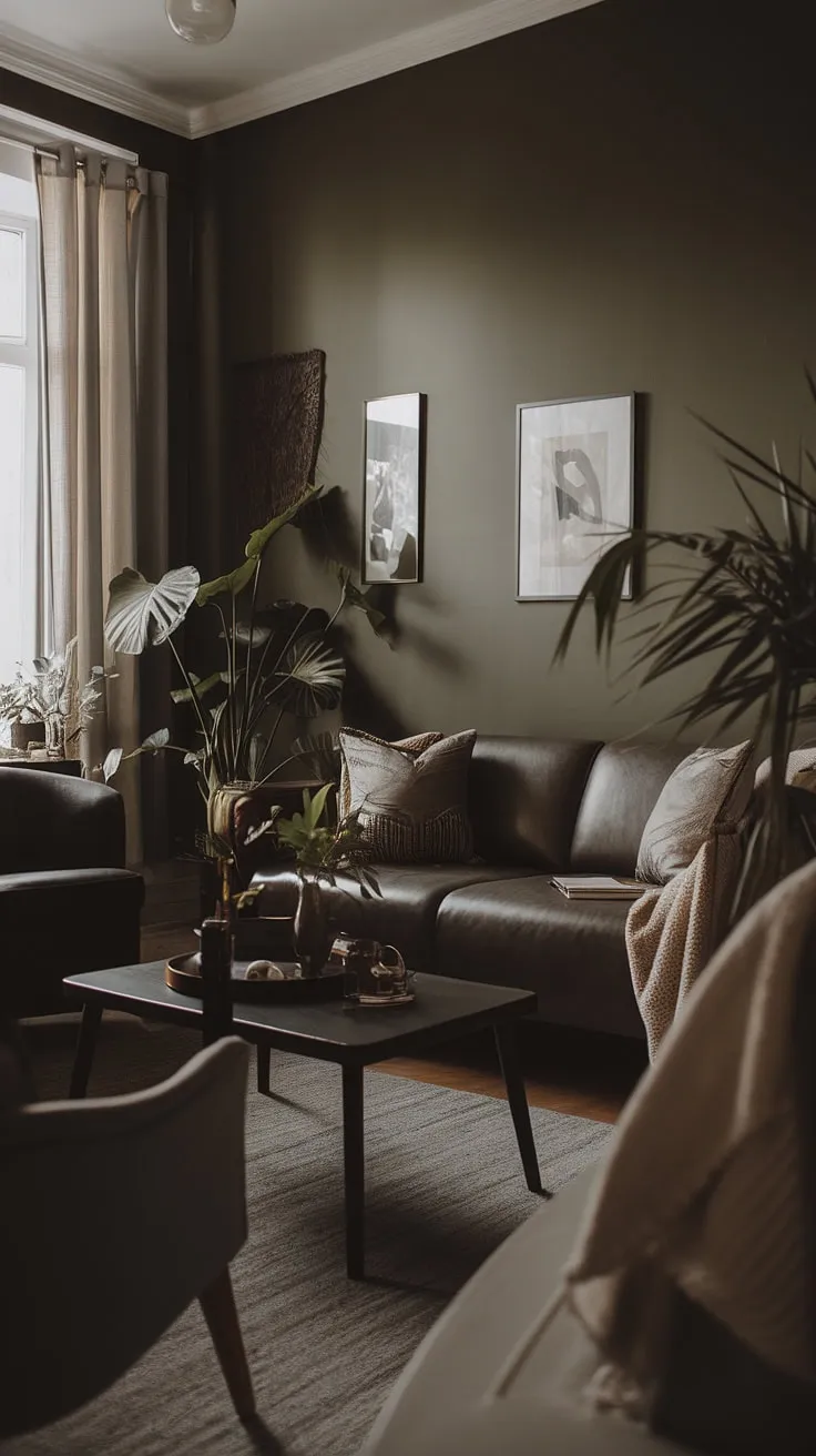 This dark and moody lounge room showcases a cozy minimalist interior with dark walls, modern boho decor, and stylish furniture that creates an inviting atmosphere.