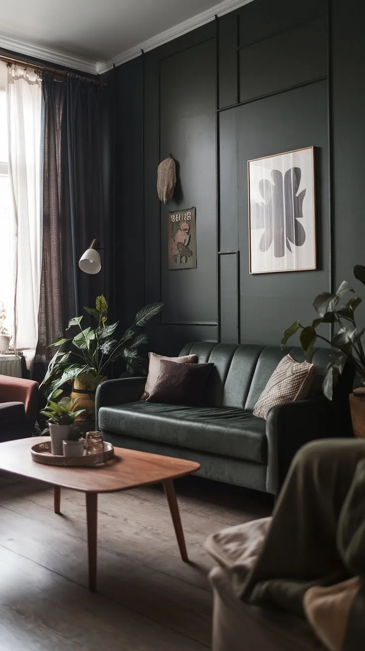 A moody neutral living room featuring dark green walls, cozy minimalist interior design, and modern boho decor creates a stylish lounge vibe with a dark green sofa and wooden accents.