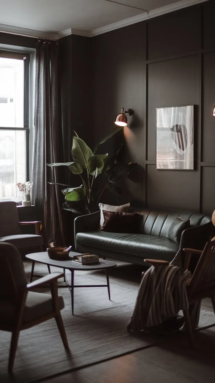 A moody neutral living room with dark grey walls features a cozy minimalist design, highlighted by a dark green sofa and modern boho decor, creating a perfect lounge vibe.