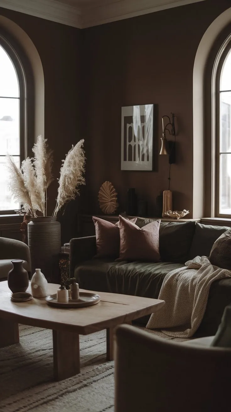This dark and moody lounge room combines natural elements with a cozy minimalist aesthetic, highlighted by a plush dark green sofa and soft lighting for an inviting atmosphere.