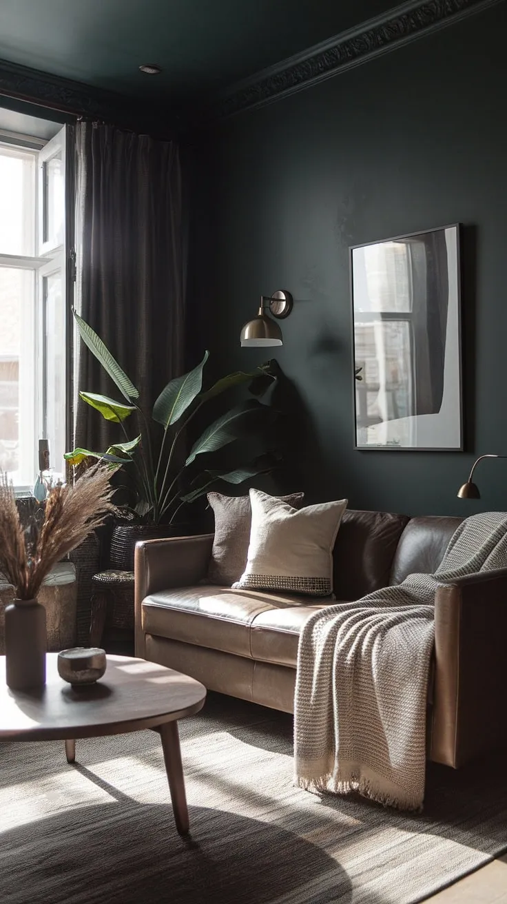 This dark and moody lounge room features natural light, cozy minimalist furnishings for dark walls, and a modern boho aesthetic that enhances its inviting atmosphere.