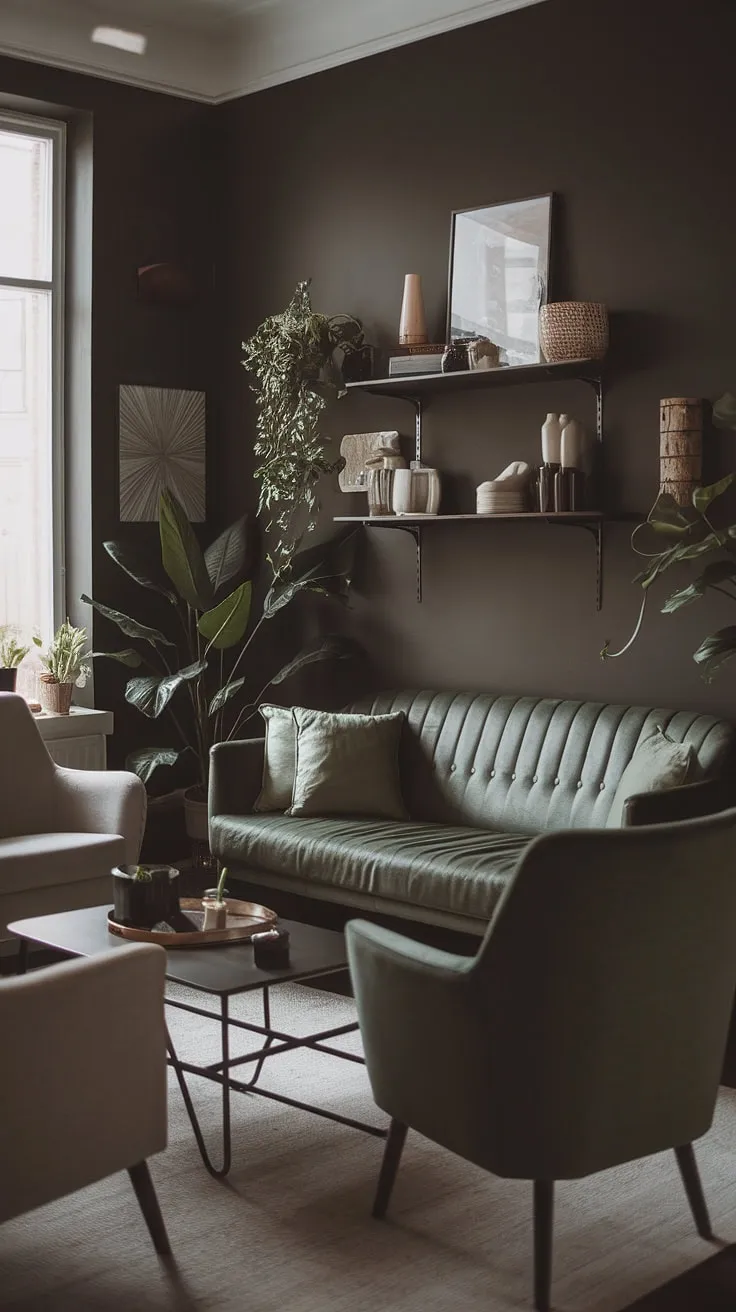 A moody neutral living room with dark walls features a cozy minimalist interior design, highlighted by a dark green sofa and modern boho decor, creating a stylish lounge vibe.