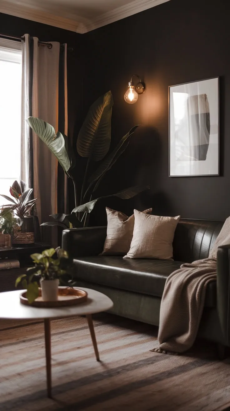 This dark and moody lounge room combines a cozy minimalist interior design with modern boho decor, showcasing a dark green couch against rich dark walls for an inviting atmosphere.