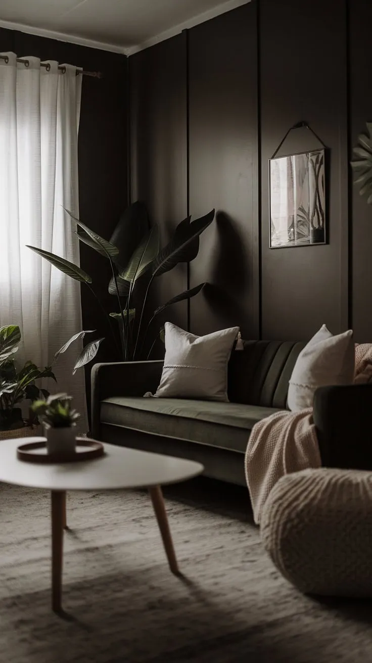 Featuring dark walls and soft lighting, this dark and moody lounge room combines a dark green couch with minimalist furniture and potted plants for a stylish, cozy atmosphere.