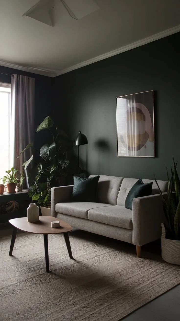 This dark and moody lounge room combines natural elements with stylish furniture for dark walls, creating a cozy minimalist interior that invites relaxation.