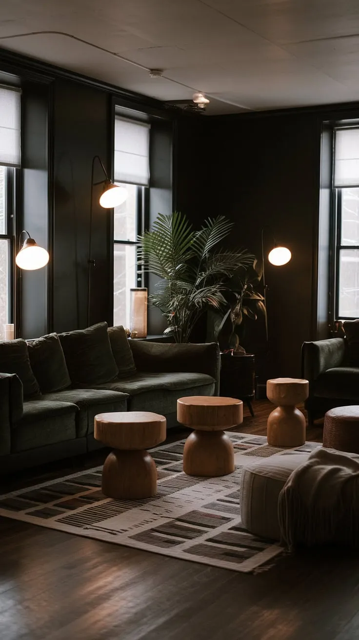 A moody neutral living room features a dark green cozy sofa, minimalist furniture for dark walls, and modern boho decor, creating a stylish lounge vibe.