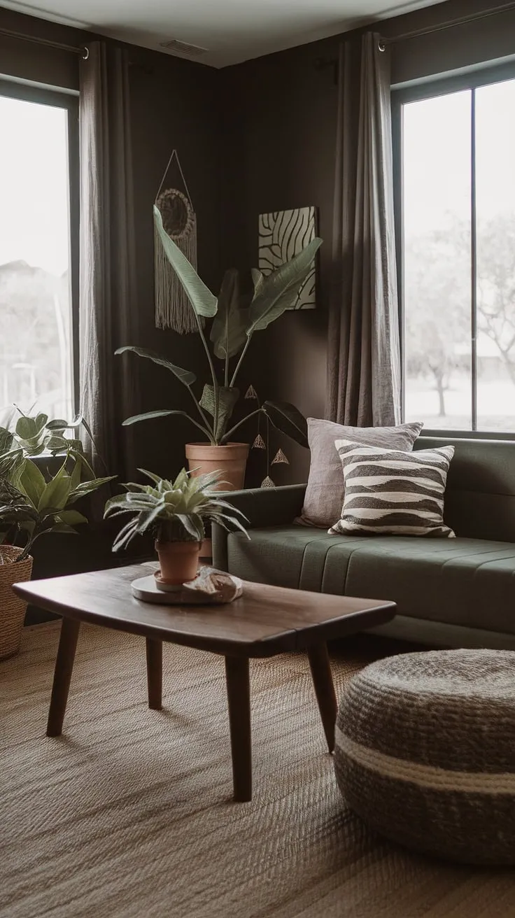 This dark and moody lounge room features a dark green couch and wooden accents, perfectly blending cozy minimalist interior design with a modern boho vibe.