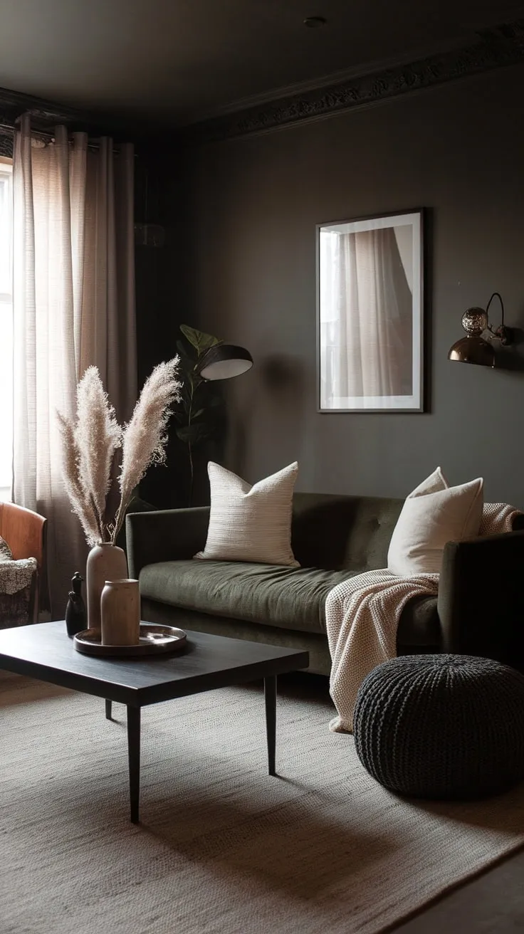 A moody neutral living room with dark grey walls features a cozy minimalist interior design, highlighted by a dark green sofa, modern boho decor, and a lounge vibe.