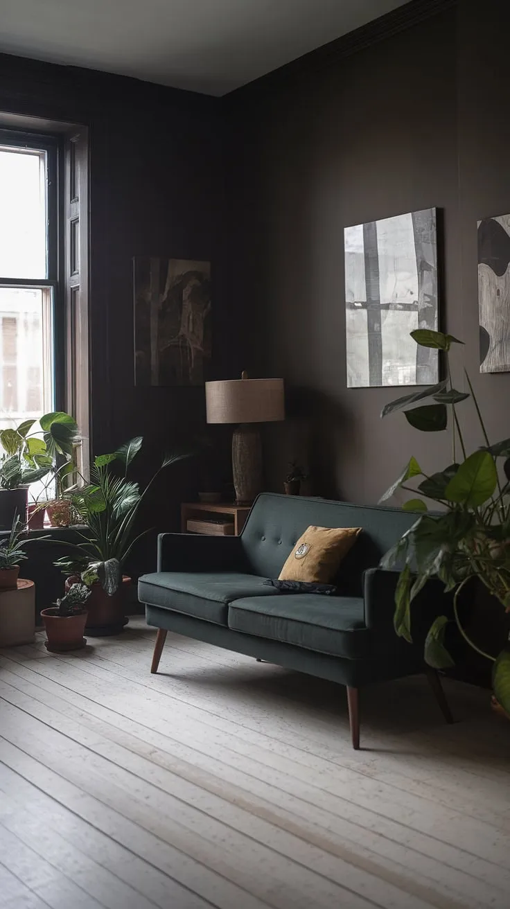 With its dark style and cozy minimalist design, this natural moody living room showcases a dark green sofa and artful decor, ideal for a chic lounge atmosphere.
