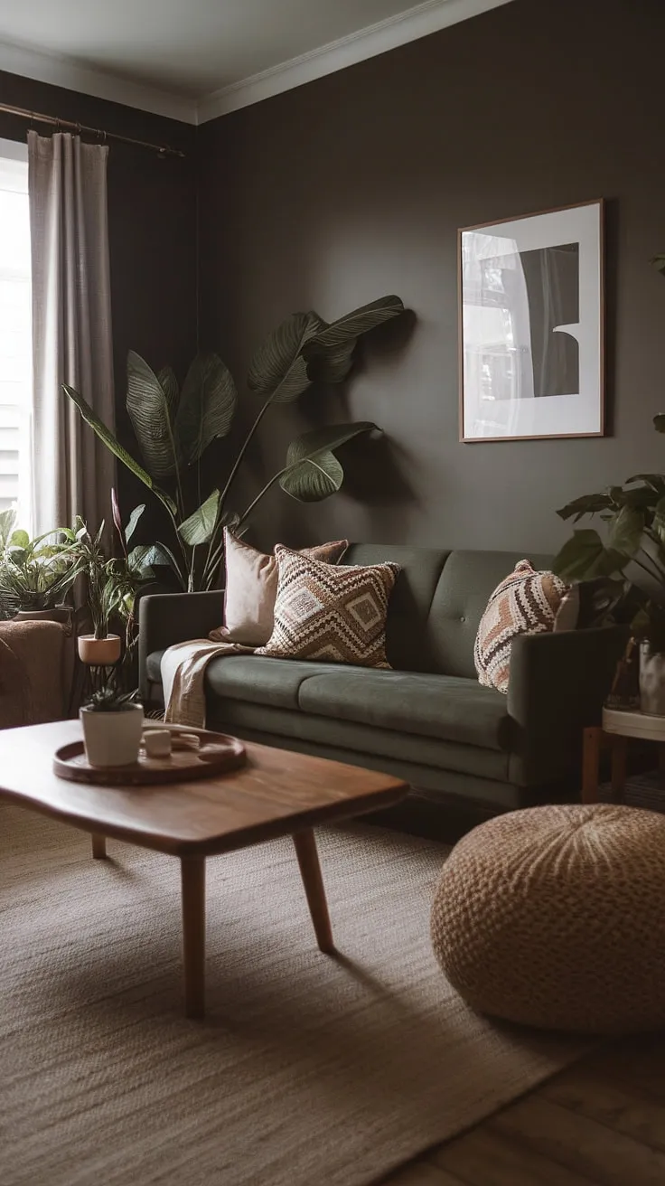 This dark and moody lounge room combines a cozy minimalist aesthetic with modern boho decor, showcasing a dark green sofa and wooden coffee table against rich dark walls.
