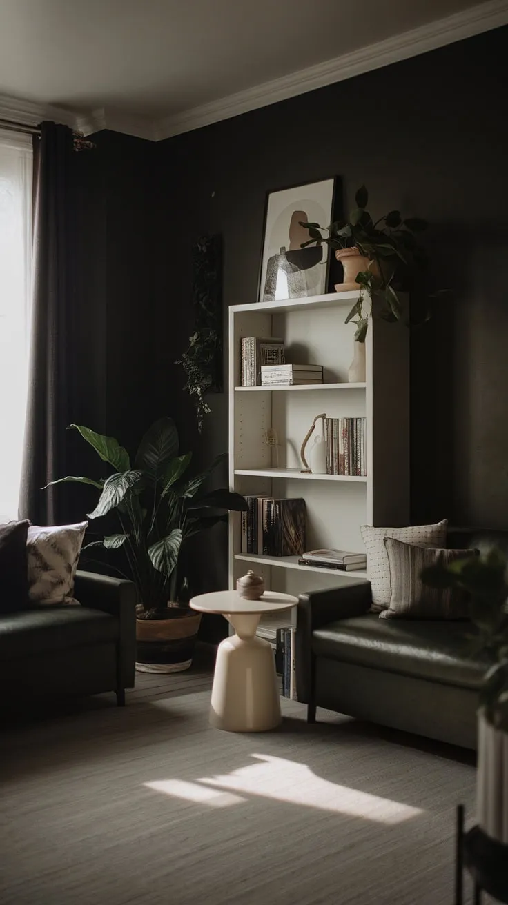 A moody neutral living room with dark walls showcases a cozy minimalist interior design featuring a dark green couch, white furniture, and natural light for a modern boho decor vibe.
