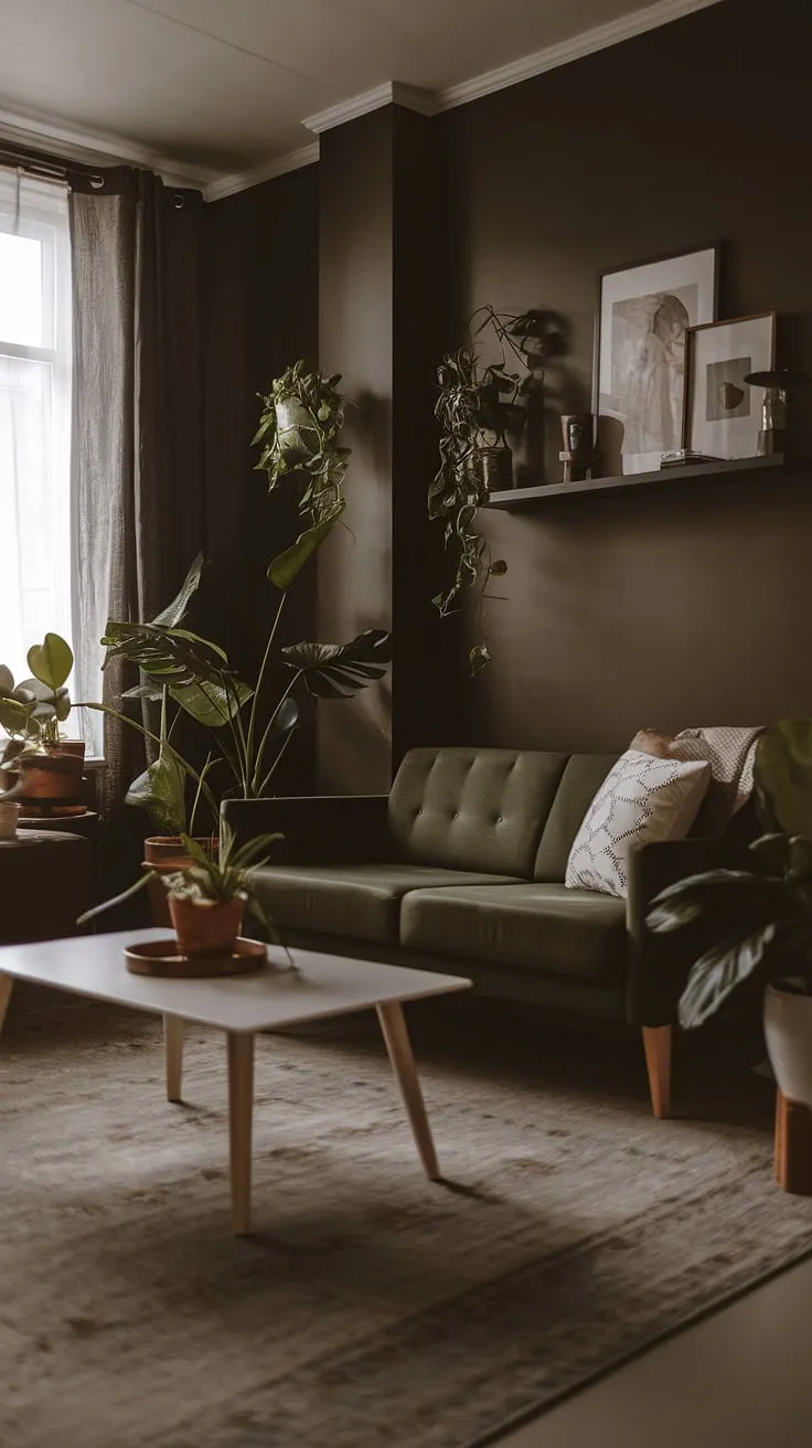 A moody neutral living room showcases a cozy minimalist interior design with dark walls, a dark green sofa, and modern boho decor, creating a dark and moody lounge vibe.