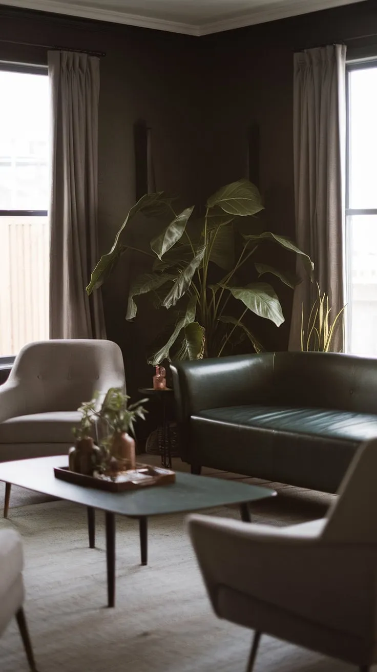This dark and moody lounge room combines natural elements with minimalist furniture for dark walls, creating a cozy atmosphere ideal for relaxation.