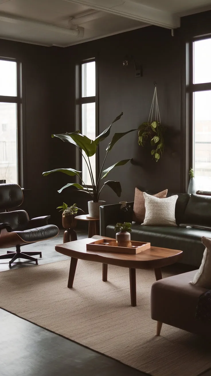 Featuring dark walls and a dark green couch, this cozy minimalist living room blends modern boho decor with a lounge vibe for a stylish dark and moody atmosphere.