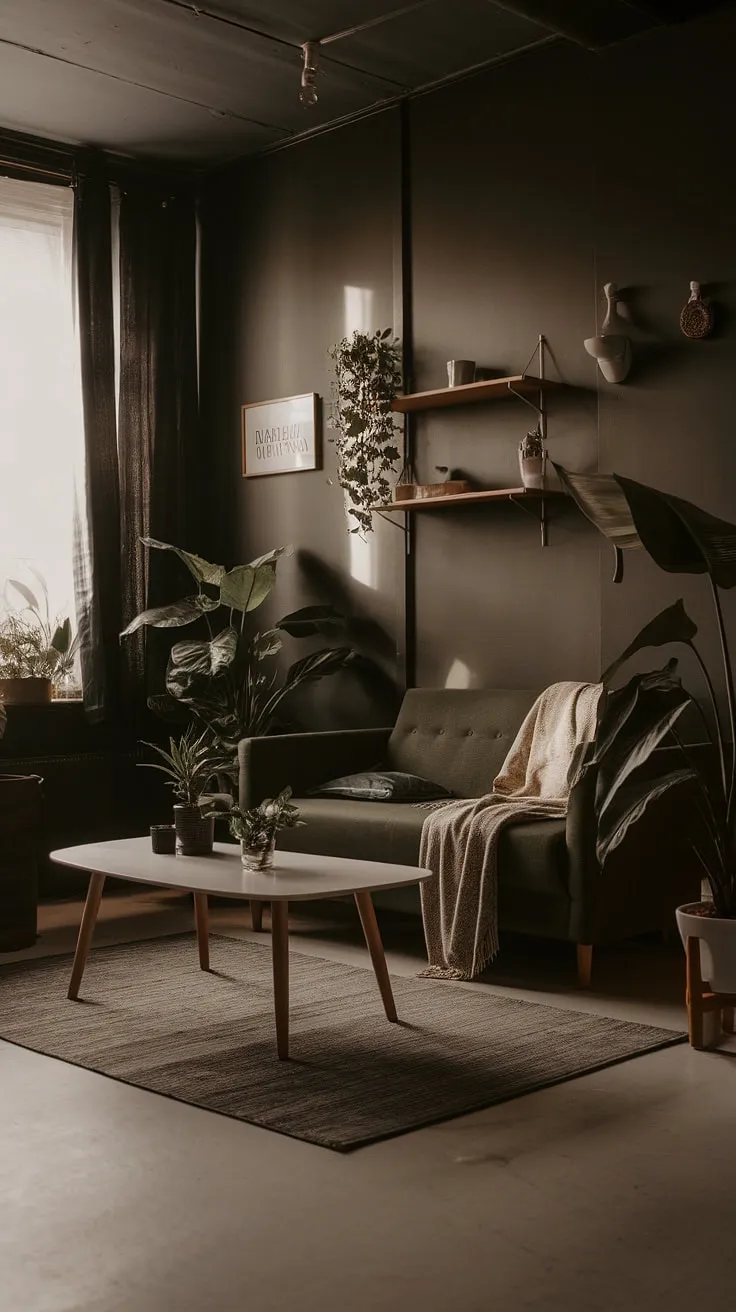 A moody neutral living room with dark walls showcases a cozy minimalist interior design featuring a dark green couch, white coffee table, and natural elements for a modern boho decor vibe.