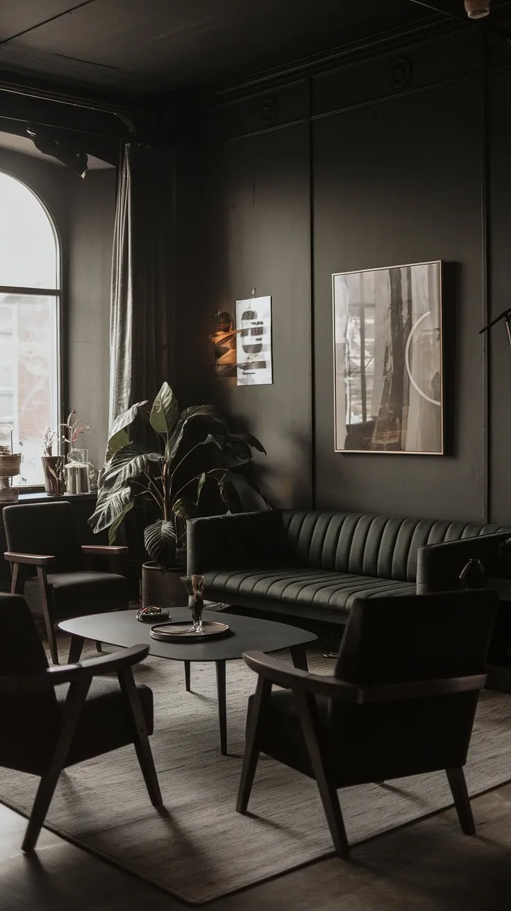 The moody neutral living room showcases dark walls and a dark green sofa, perfectly blending cozy minimalist interior design with a lounge vibe for a stylish dark style living room.