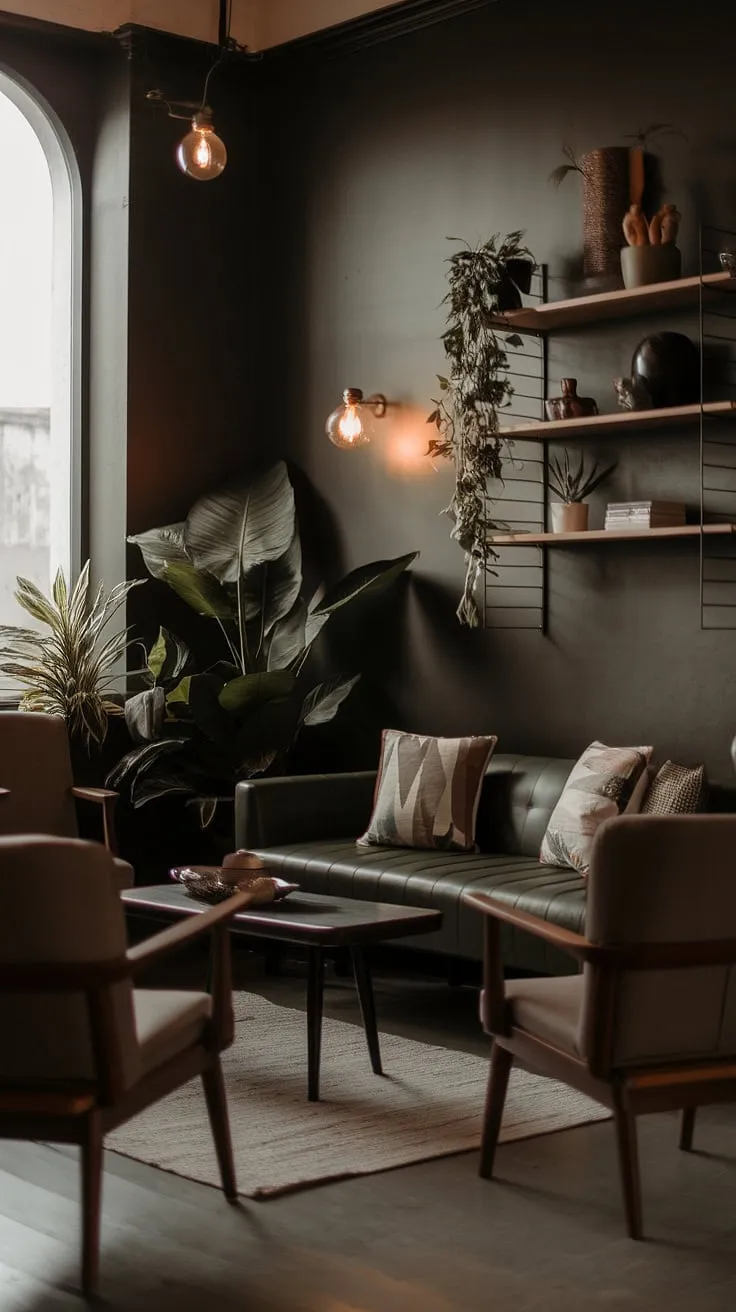 This dark and moody lounge room combines a cozy minimalist aesthetic with modern boho decor, showcasing dark walls and a dark green couch for an inviting atmosphere.