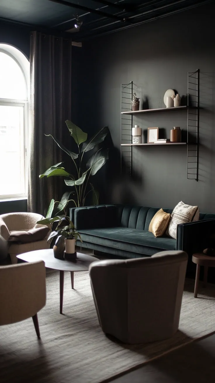 This dark and moody lounge room features a dark green sofa and minimalist furniture for dark walls, perfectly blending cozy elements with modern boho decor.