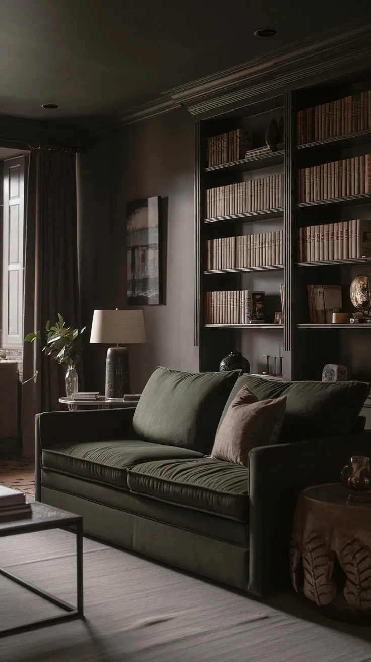 A moody neutral living room with dark walls showcases a cozy minimalist interior design featuring a dark green sofa, soft lighting, and modern boho decor for a perfect lounge vibe.