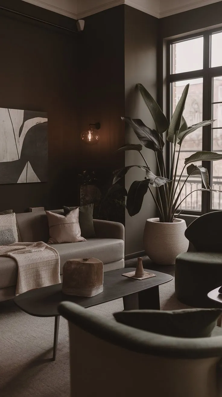 The dark and moody lounge room showcases a harmonious blend of furniture for dark walls, exuding a natural moody atmosphere enhanced by soft lighting and a large plant.