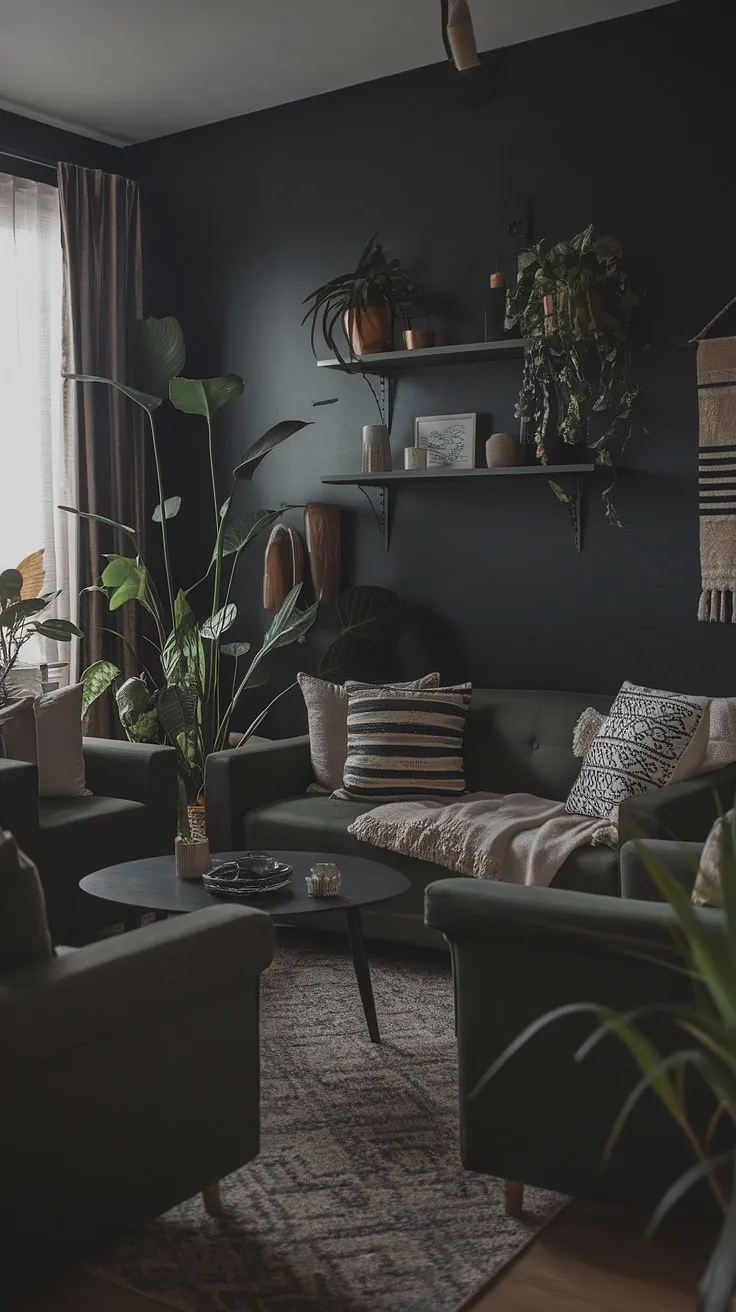 A moody neutral living room with dark walls features cozy minimalist interior design and modern boho decor, creating a dark and moody lounge vibe with dark green furniture and soft lighting.