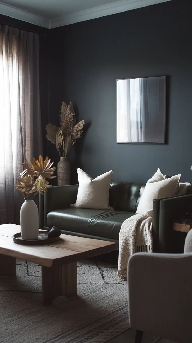 This moody neutral living room features dark walls and a cozy minimalist interior design, highlighted by a dark green couch and modern boho decor, creating a stylish lounge vibe.