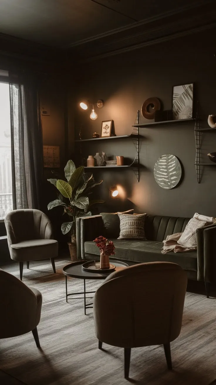 This serene living room, adorned with a dark green sofa and minimalist decor, masterfully combines comfort and style in a warm, inviting sanctuary.