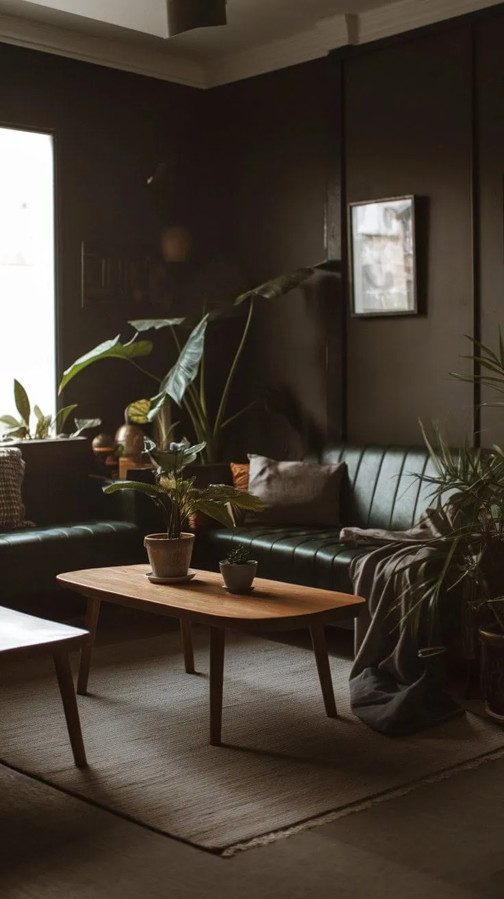 In a minimalist sanctuary of dark walls, a deep green sofa beckons relaxation, while natural light and potted greenery weave a tapestry of tranquil luxury.