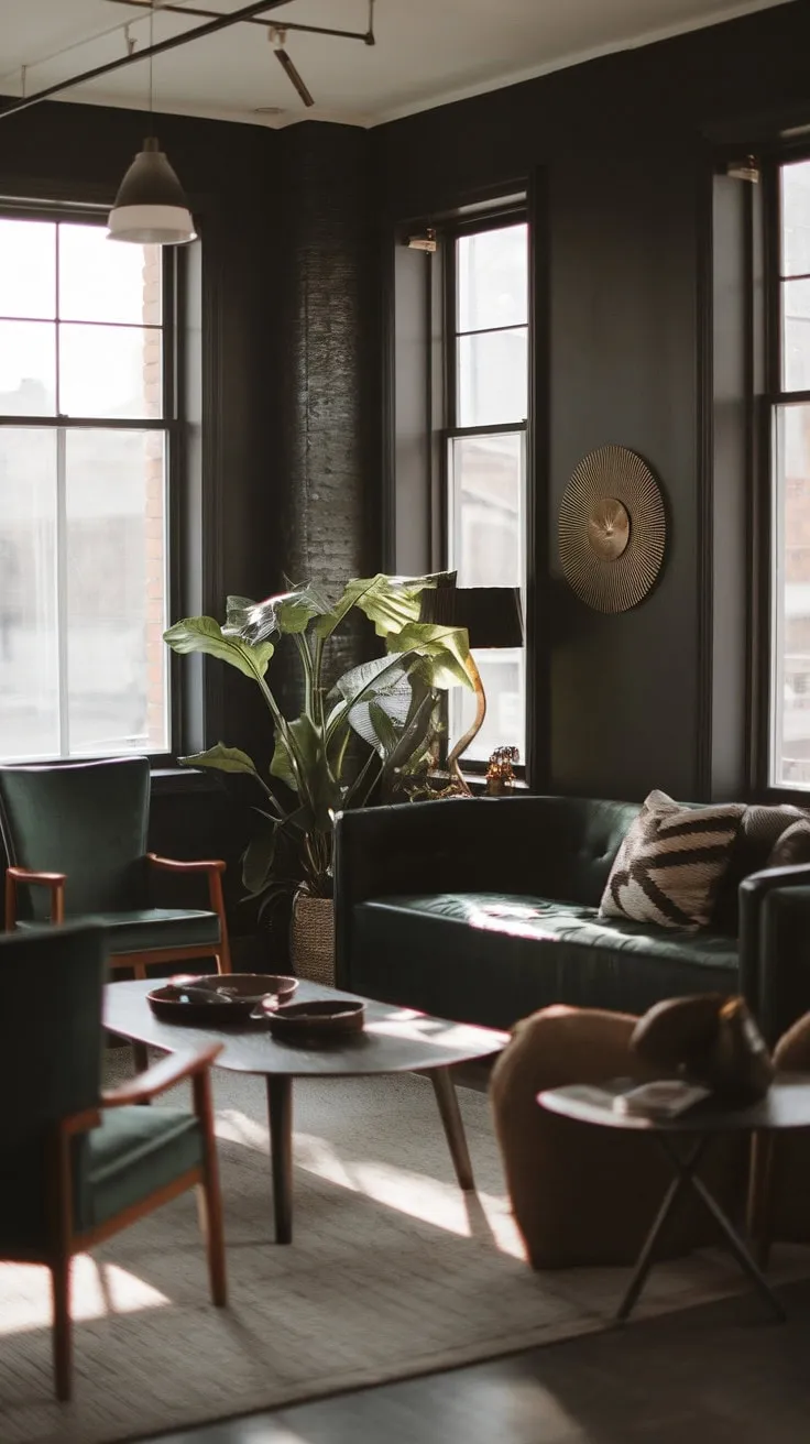 This serene living room, adorned with a dark green couch and minimalist decor, embodies a modern boho retreat perfect for relaxation and reflection.