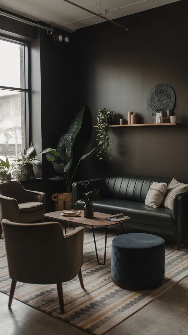 In this minimalist sanctuary, deep hues and natural elements harmonize to create a serene space that fosters connection and quiet contemplation.