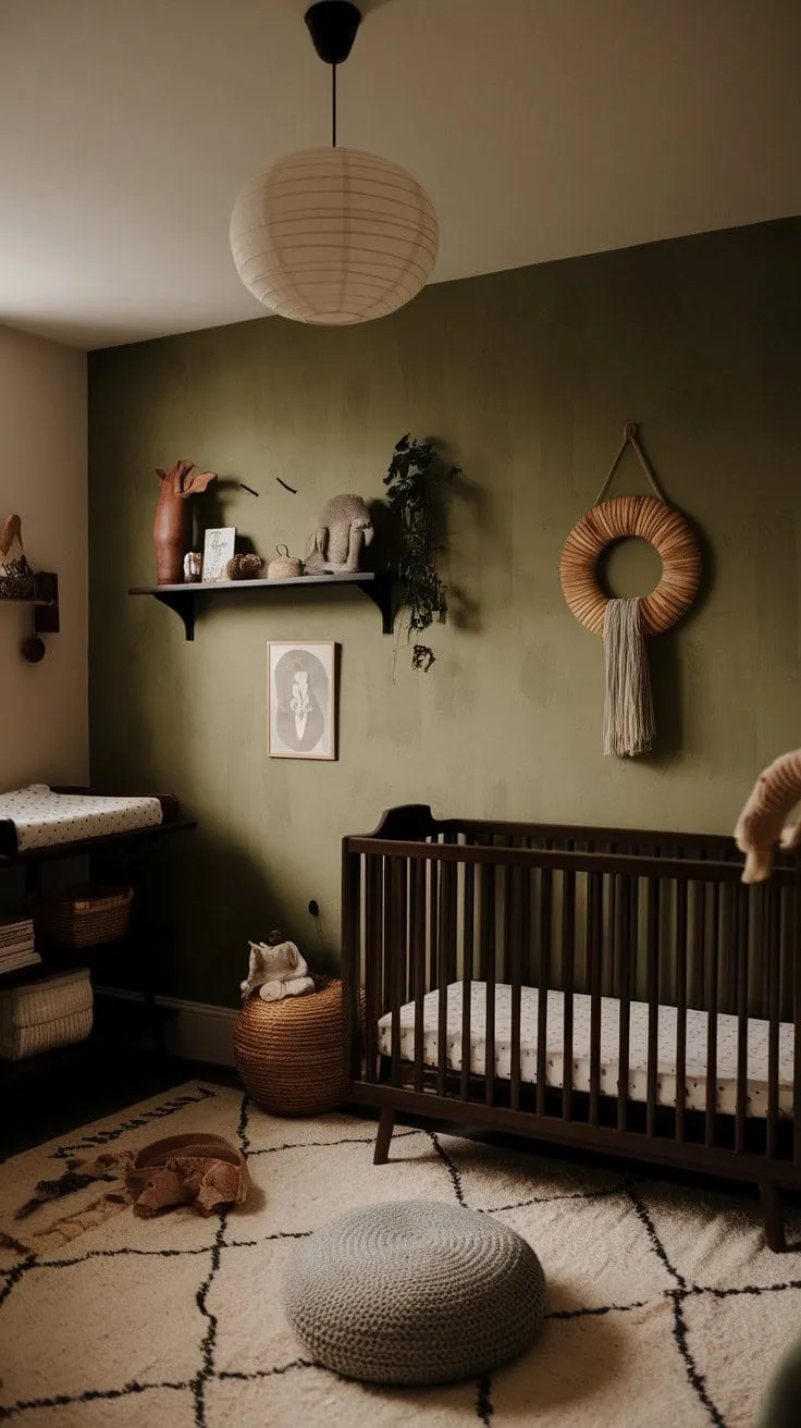 This serene nursery blends neutral tones and natural textures with dark wood and green wallpaper, creating a calming retreat for both parent and child.