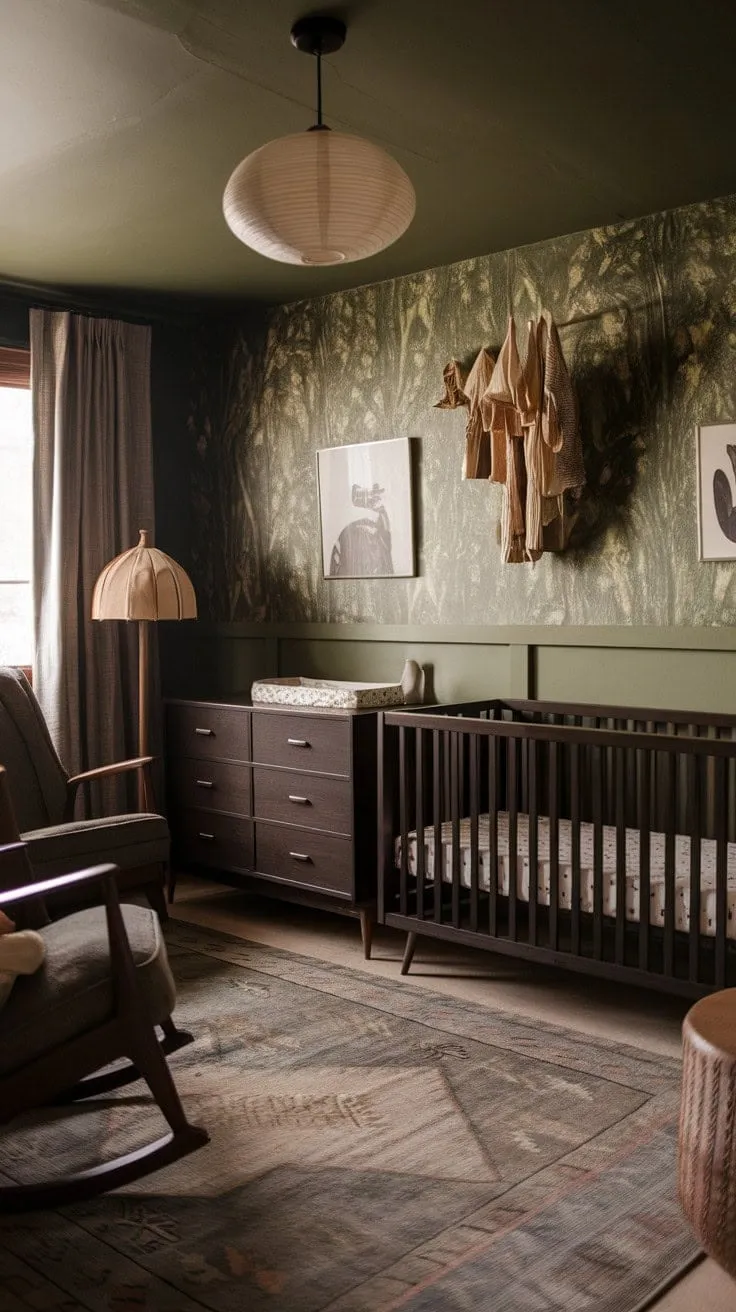 This nursery combines sophisticated simplicity with dark wood, a textured rug, and a calming green wall to create a stylish and soothing retreat for little ones.