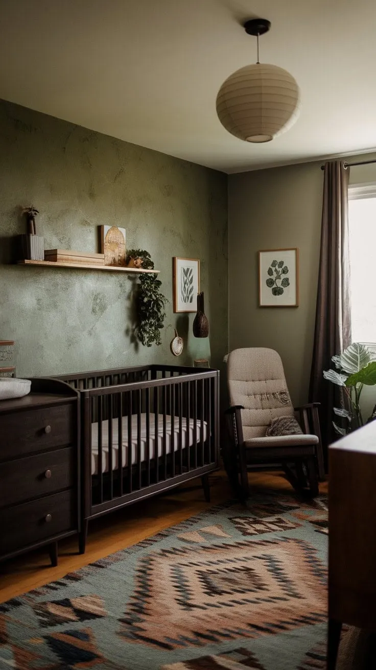 This nursery artfully combines modern comfort and vintage charm, featuring gray walls, rich green accents, and dark wood furniture for a cozy, tranquil, yet playful atmosphere.