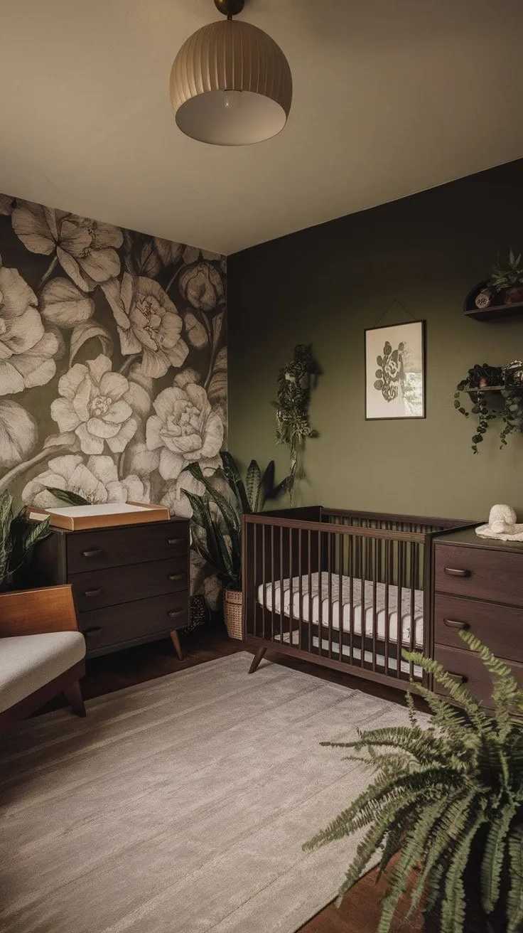 This serene nursery blends natural textures and vintage charm, featuring a striking floral wallpaper backdrop that enhances the tranquil ambiance for peaceful nights and joyful days.
