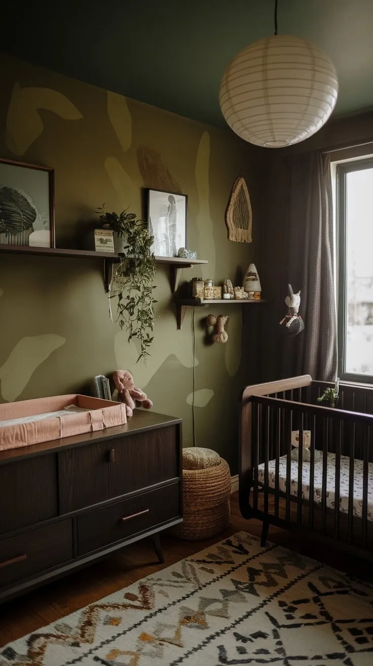 This nursery artfully merges retro charm with modern tranquility through its green accent wall, dark wood furniture, and vintage lighting, crafting a sophisticated yet comforting haven.