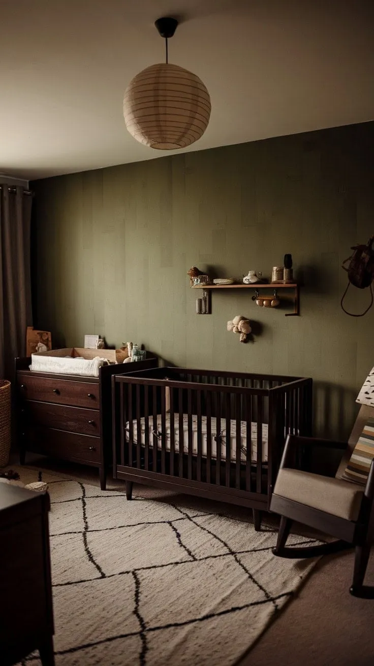 This serene sanctuary blends earthy tones and mid-century modern charm, featuring a vibrant green accent wall that enlivens the tranquil space adorned with dark wood furniture and soft textures.