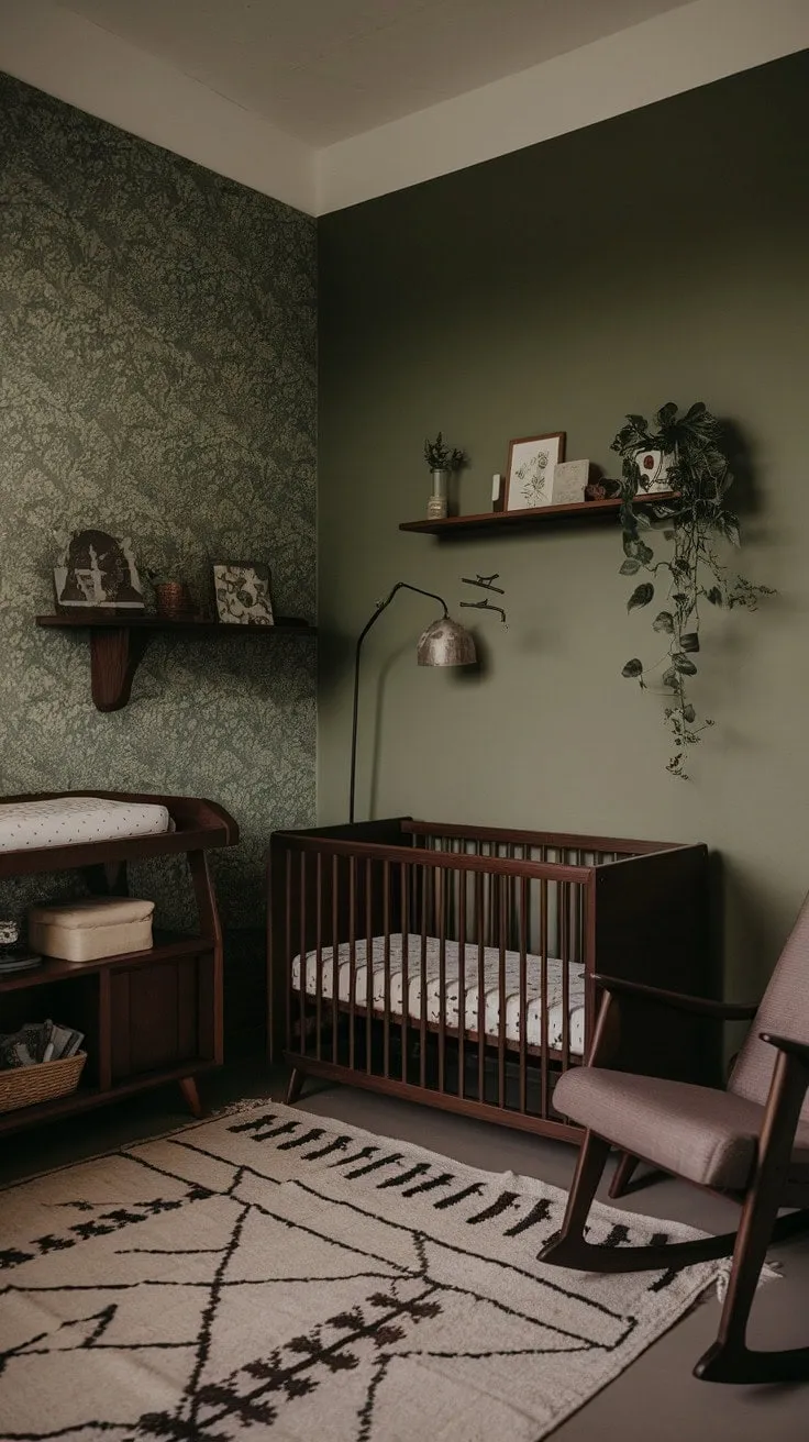This stylish nursery, adorned with a patterned green wall and dark wood accents, offers a cozy haven of warmth and tranquility for precious moments with a new arrival.