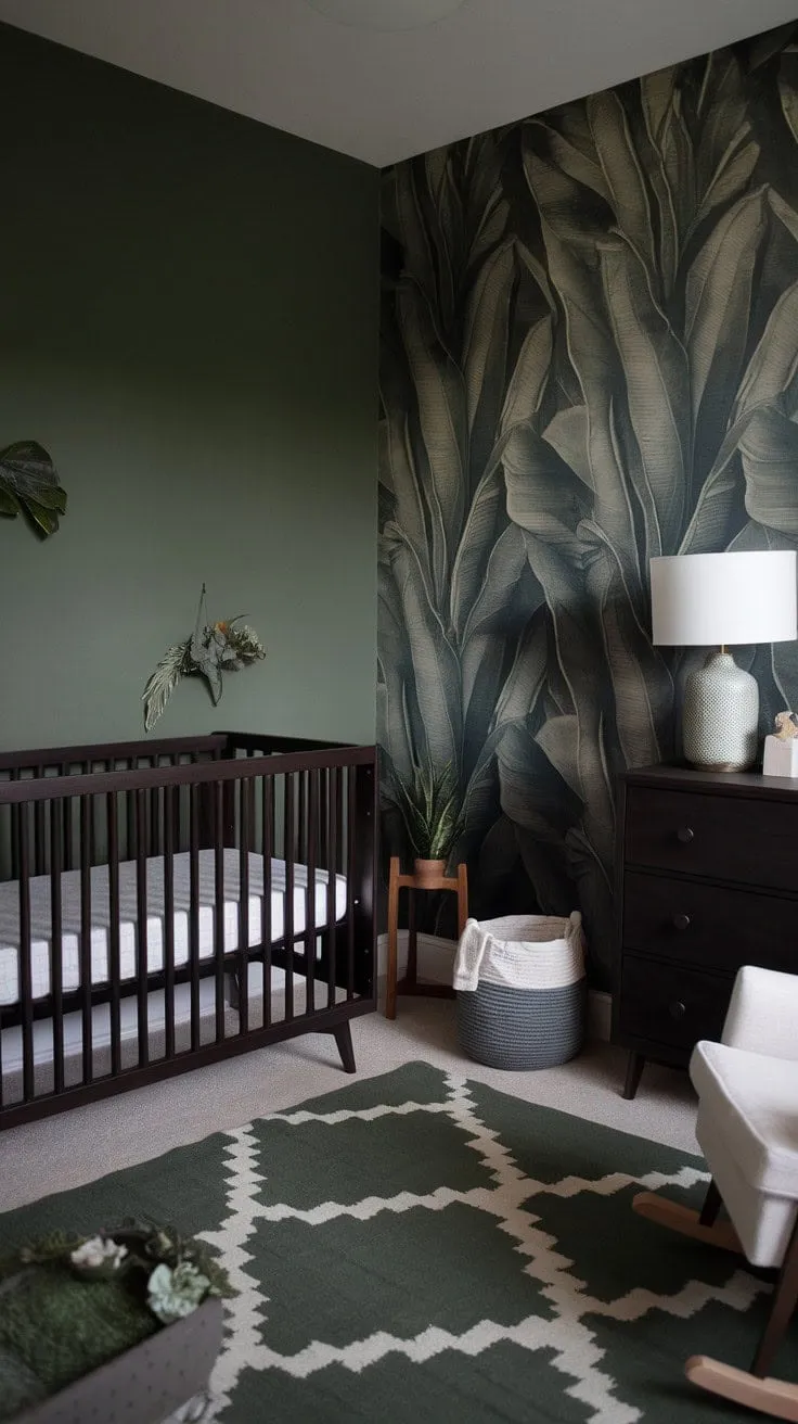 This thoughtfully designed nursery, adorned with earthy tones and lush greenery, offers a tranquil sanctuary for sweet dreams and serene moments between parent and child.
