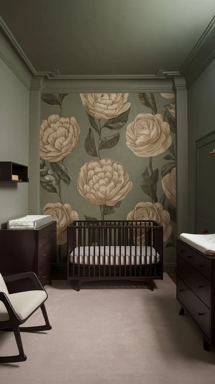 This moody nursery features earthy decor with a green wallpaper accent wall, dark wood furniture, and retro elements, creating an edgy yet simple baby boy nursery.