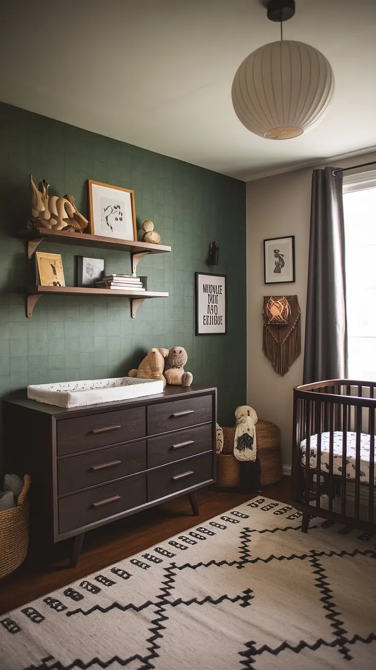 Featuring a moody neutral color scheme, this earthy nursery decor showcases a green wallpaper accent wall and dark wood furniture, blending retro vibes with modern simplicity for a unique baby boy nursery.