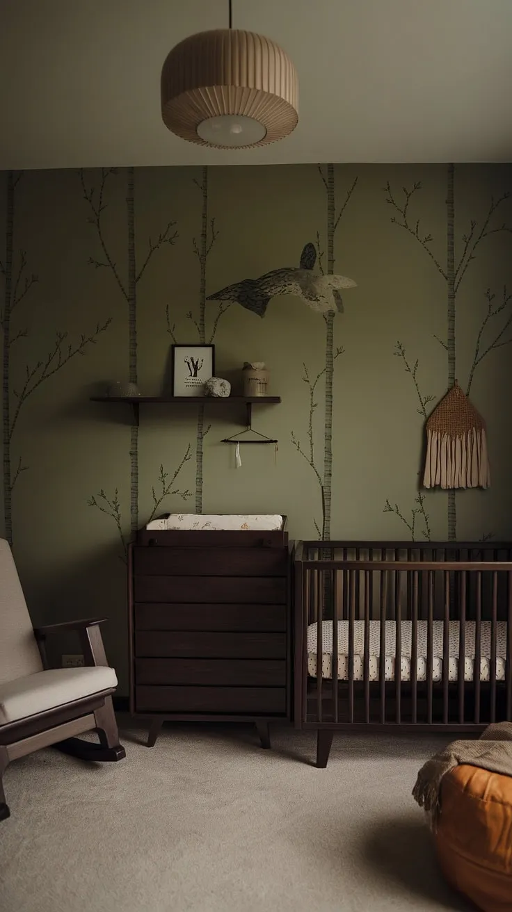 This moody nursery showcases earthy decor with a green wallpaper accent wall, dark wood furniture, and retro touches, creating an edgy yet simple baby boy nursery.