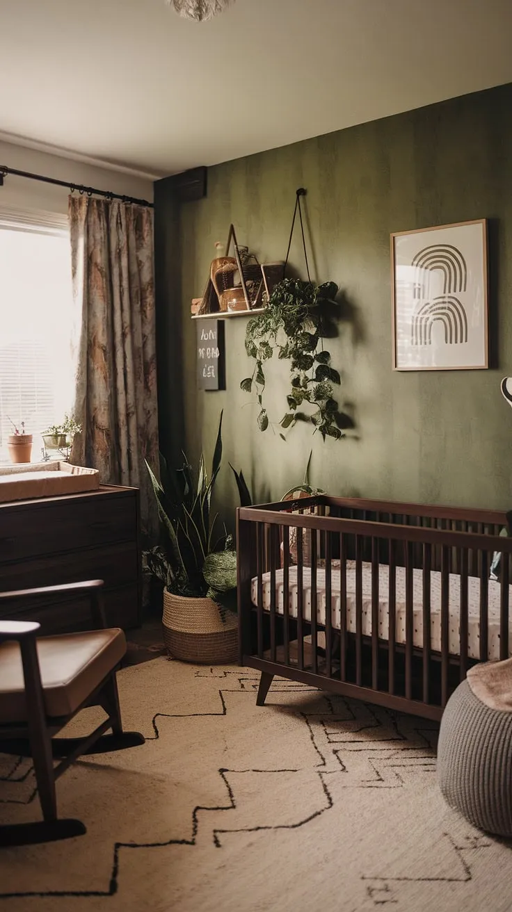 The combination of a green wallpaper accent wall, dark wood furniture, and retro decor makes this moody neutral nursery a stylish choice for a baby boy.