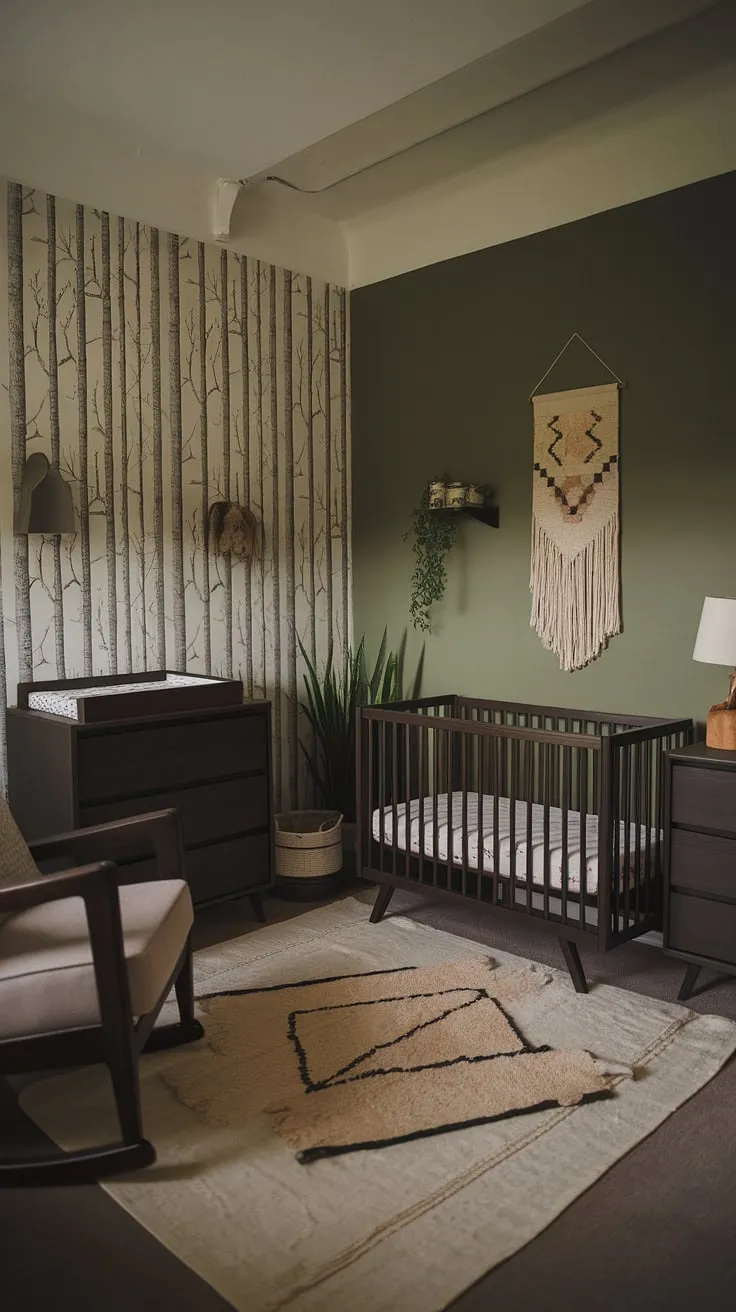 This moody nursery features earthy decor with a green wallpaper accent wall, dark wood furniture, and retro touches, creating an edgy yet simple baby boy nursery.