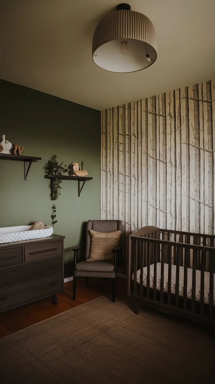 This moody nursery features earthy decor with a green wallpaper accent wall, dark wood furniture, and retro touches, creating an edgy yet simple baby boy space.