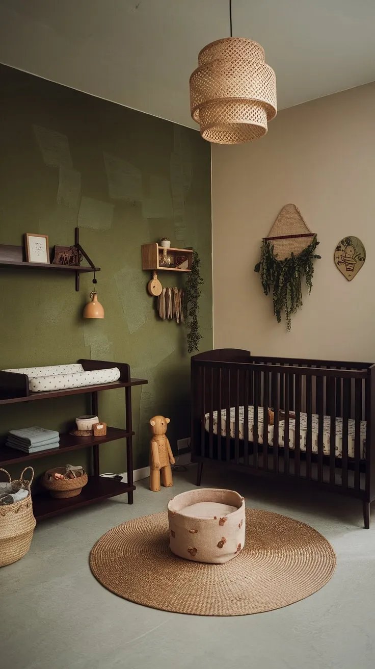 Featuring a green wallpaper accent wall and dark wood furniture, this moody neutral nursery combines earthy decor with retro elements for a stylish baby boy's retreat.