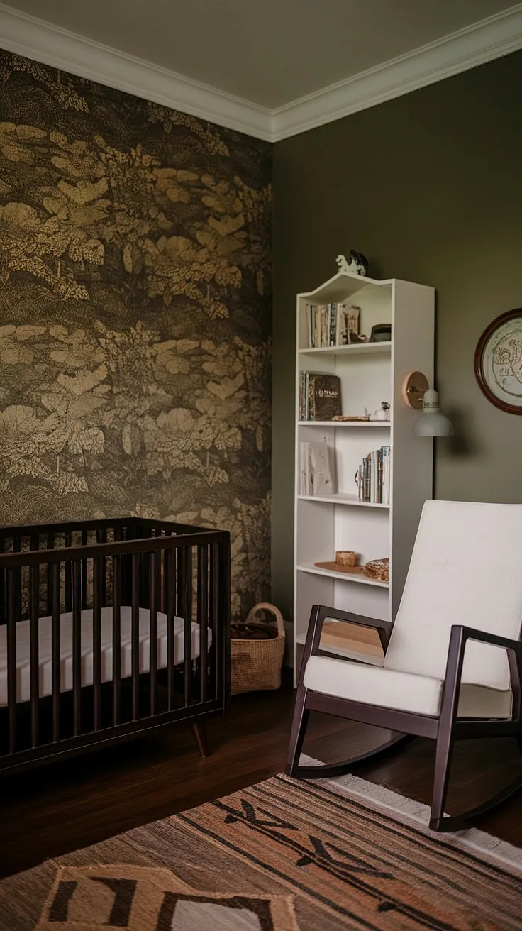 The earthy tones and dark wood elements in this moody neutral nursery, highlighted by a green accent wall and vintage decor, offer stylish inspiration for a baby boy's room.