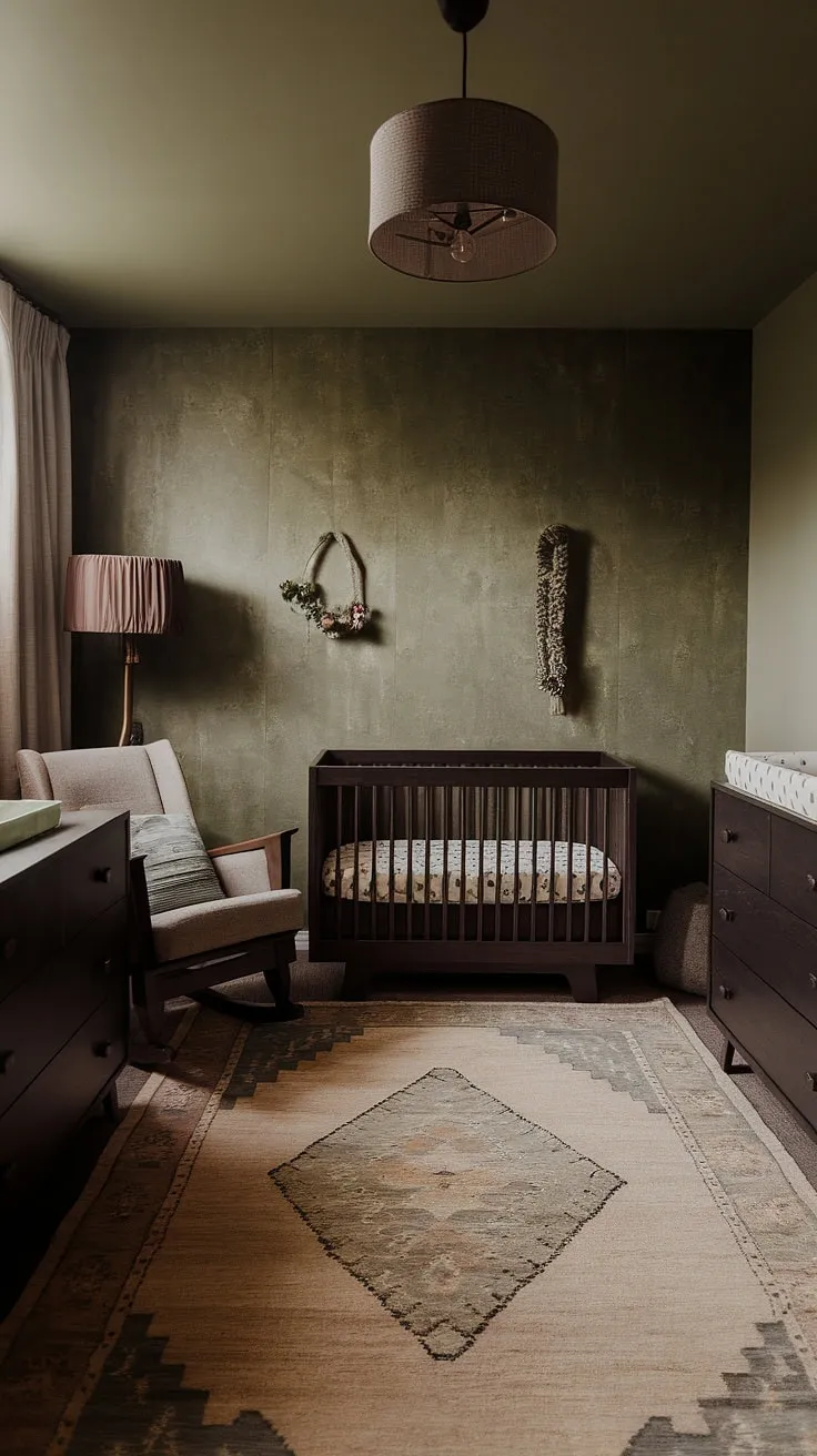 The moody neutral nursery showcases a green wallpaper accent wall, dark wood furniture, and retro decor, perfect for a stylish baby boy's room.